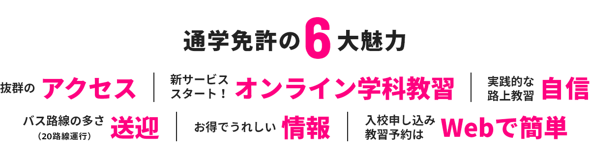 通学免許の6大魅力。抜群のアクセス／新サービススタート！オンライン学科教習／実践的な路上教習自信／バス路線の多さ（21路線定期運行）送迎／お得でうれしい情報／入校申し込み教習予約はWebで簡単