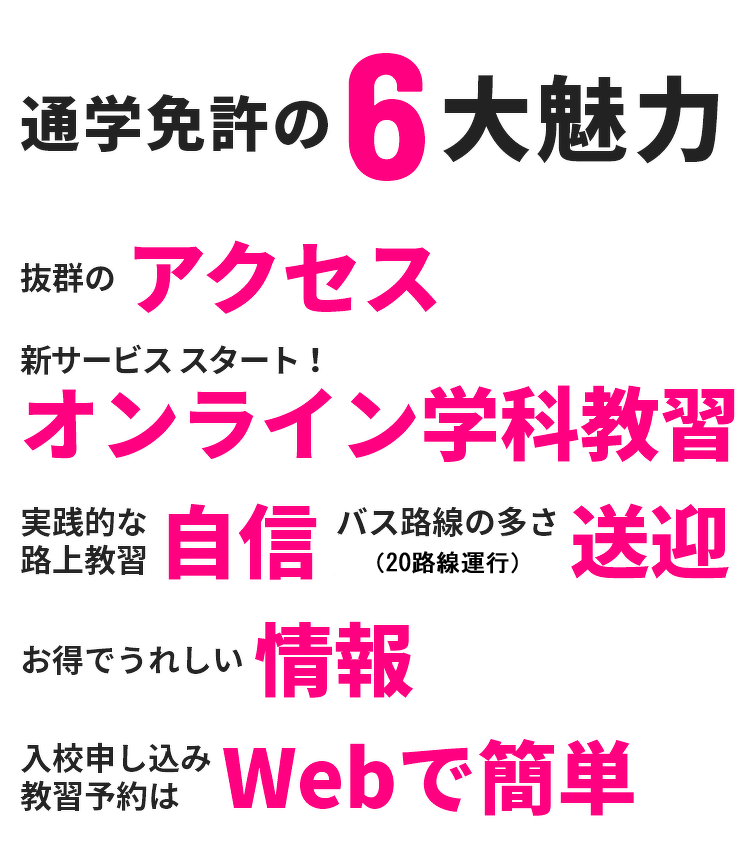 通学免許の6大魅力。抜群のアクセス／新サービススタート！オンライン学科教習／実践的な路上教習自信／バス路線の多さ（21路線定期運行）送迎／お得でうれしい情報／入校申し込み教習予約はWebで簡単